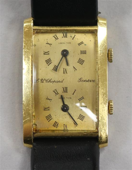 A gentlemans early 1970s 18ct gold L-U. Chopard dual time rectangular manual wind wrist watch.